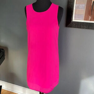 Norah bright pink sleeveless lined crepe midi shift dress. Exposed back zipper.